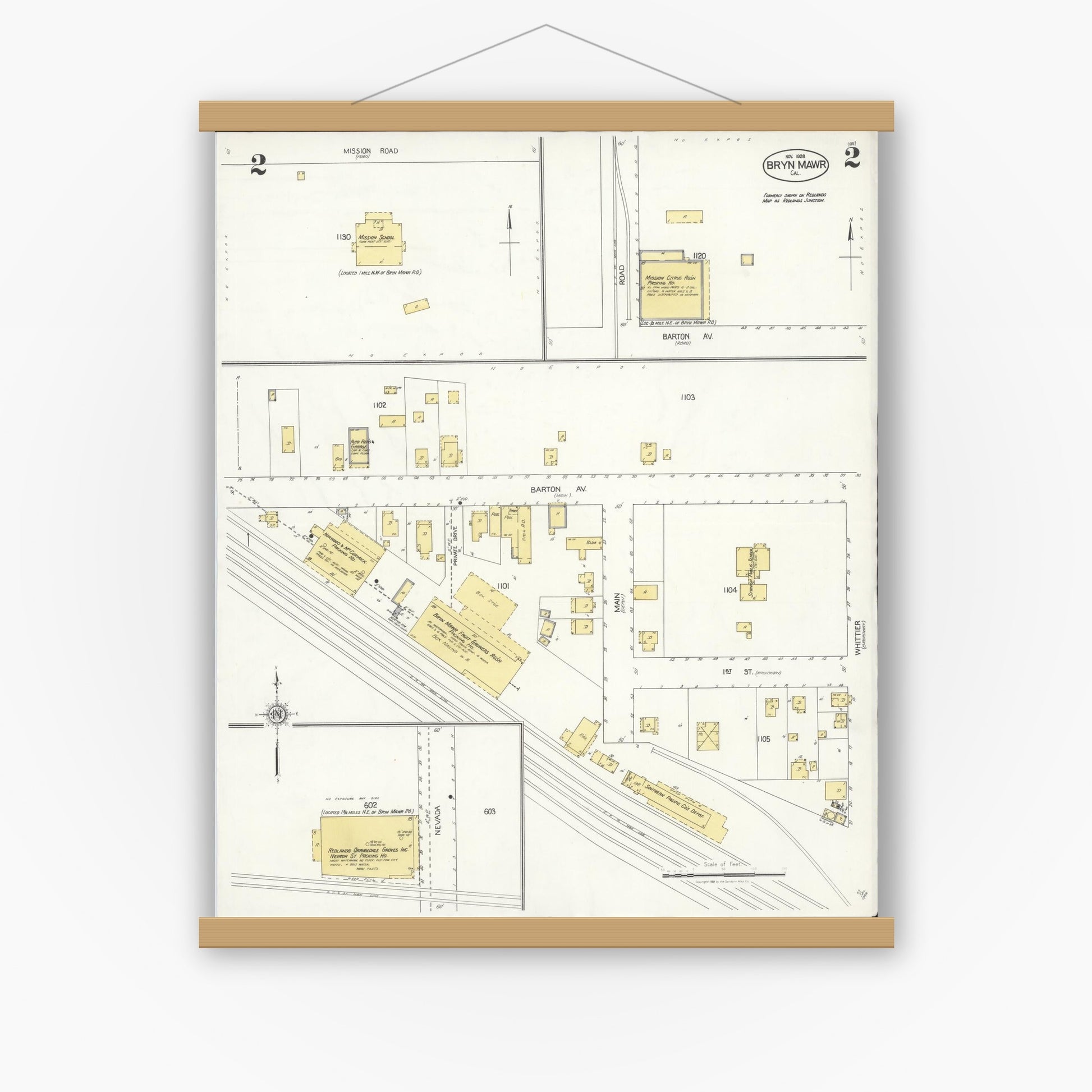 Old map wall art mockup — magnetic wood frame on white wall — Sanborn Fire Insurance Map from Bryn Mawr, San Bernardino County, California (1928), Sheet #0002