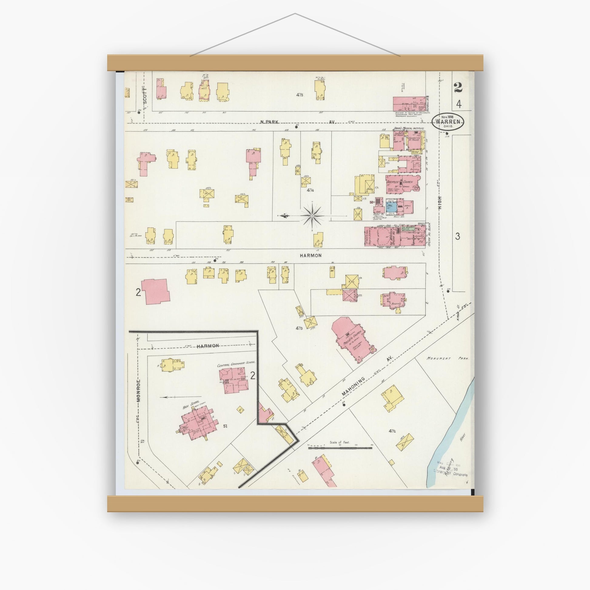 Old map wall art mockup — magnetic wood frame on white wall — Sanborn Fire Insurance Map from Warren, Trumbull County, Ohio (1898), Sheet #0002
