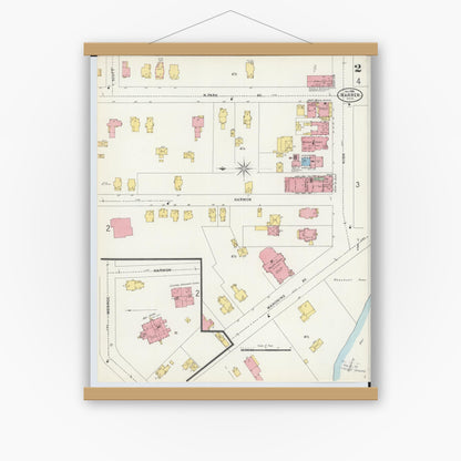 Old map wall art mockup — magnetic wood frame on white wall — Sanborn Fire Insurance Map from Warren, Trumbull County, Ohio (1898), Sheet #0002