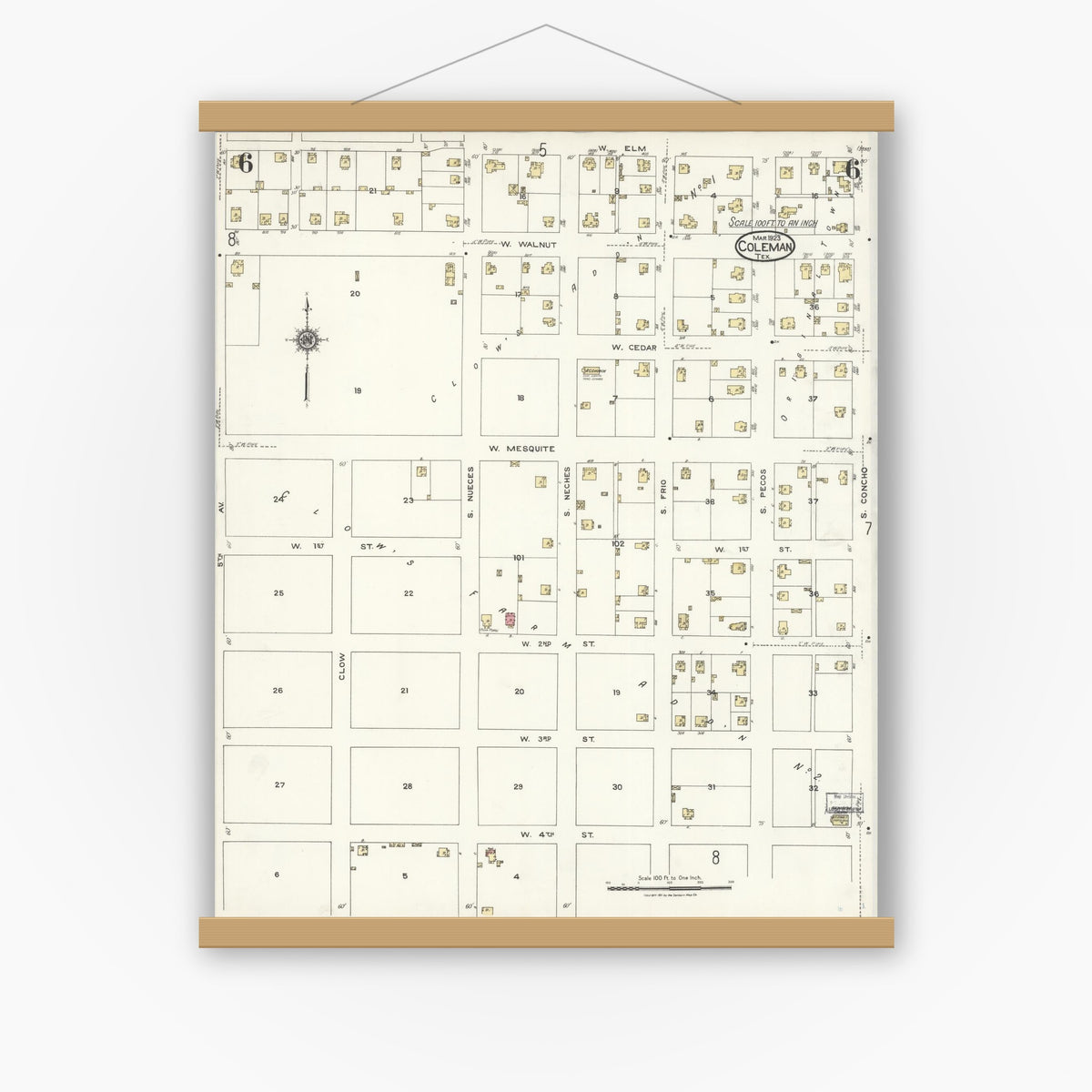 Old map wall art mockup — magnetic wood frame on white wall — Sanborn Fire Insurance Map from Coleman, Coleman County, Texas (1923), Sheet #0006