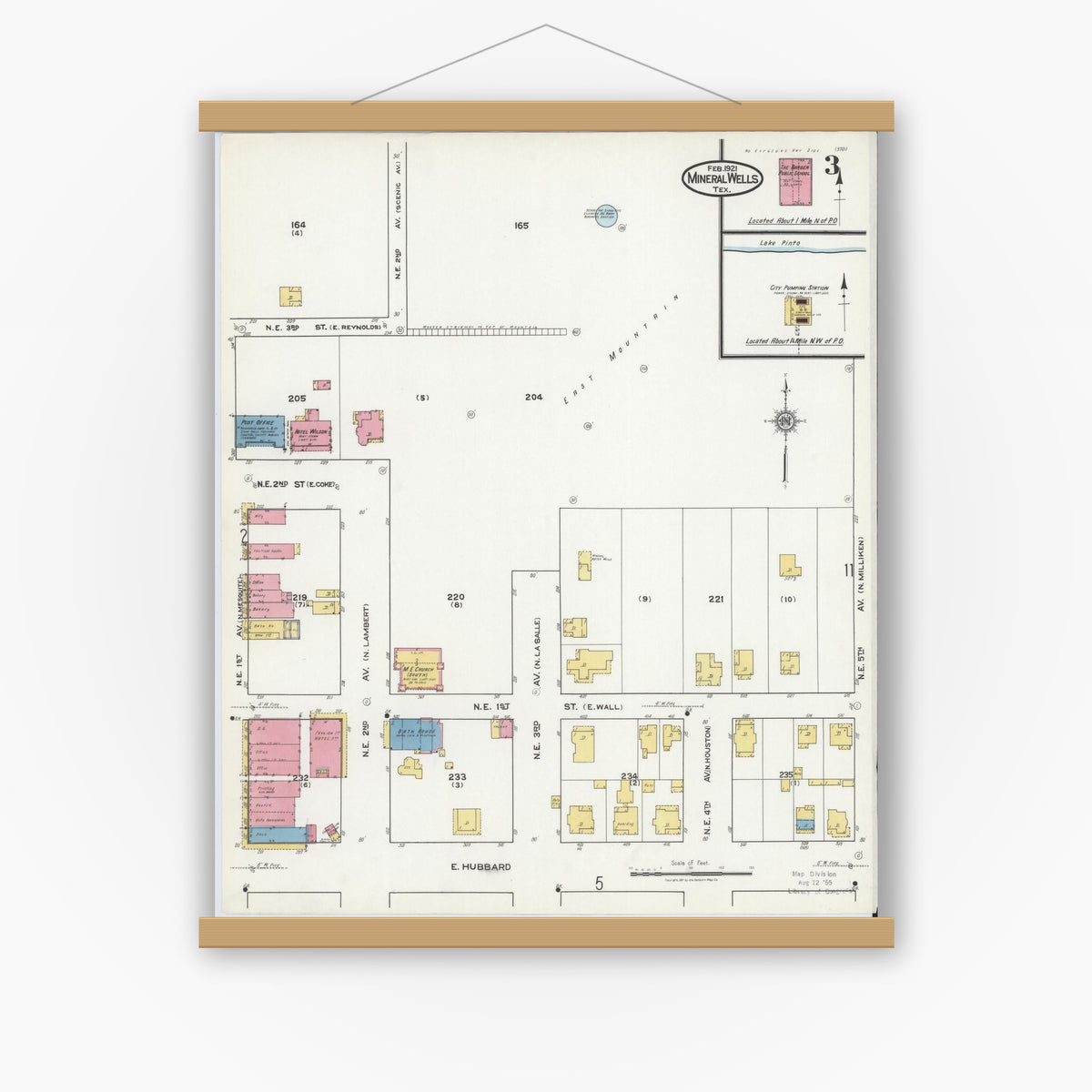 Old map wall art mockup — magnetic wood frame on white wall — Sanborn Fire Insurance Map from Mineral Wells, Palo Pinto County, Texas (1921), Sheet #0003