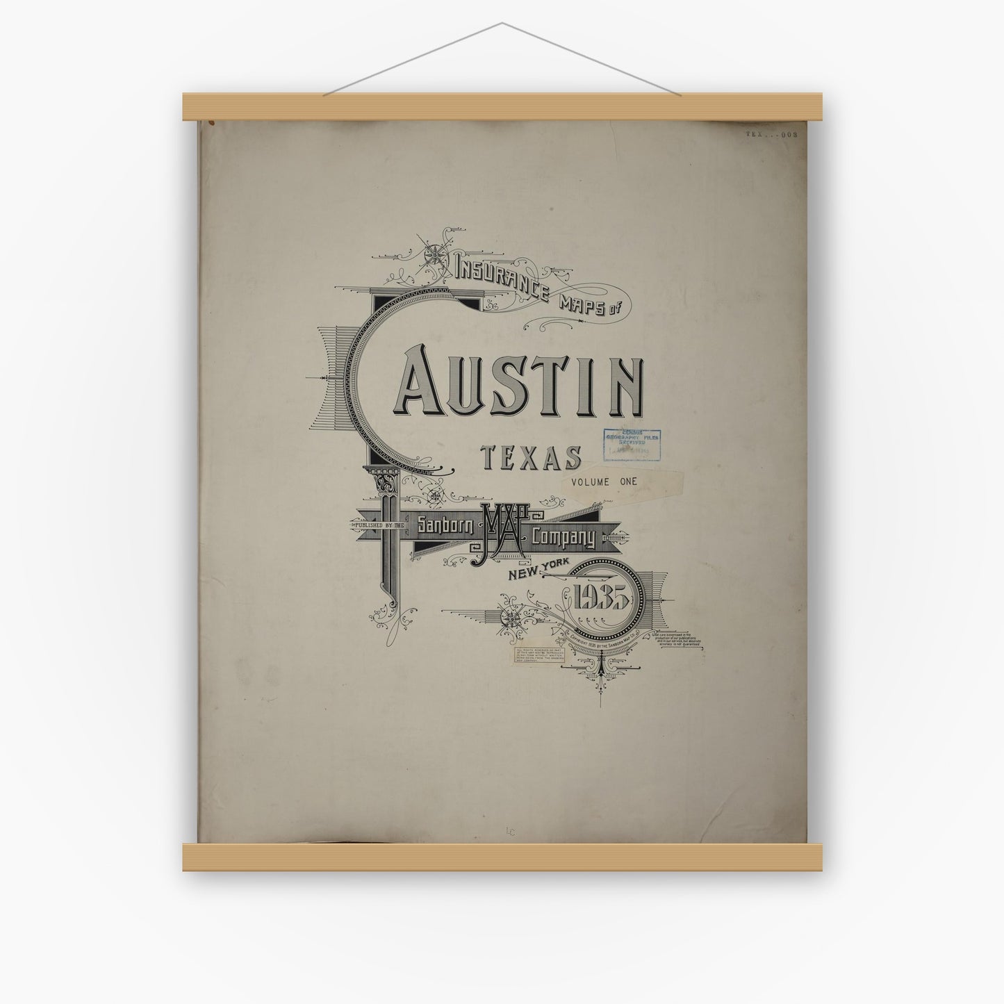 Old map wall art mockup — magnetic wood frame on white wall — Sanborn Fire Insurance Map from Austin, Travis County, Texas (1961), Sheet #0001