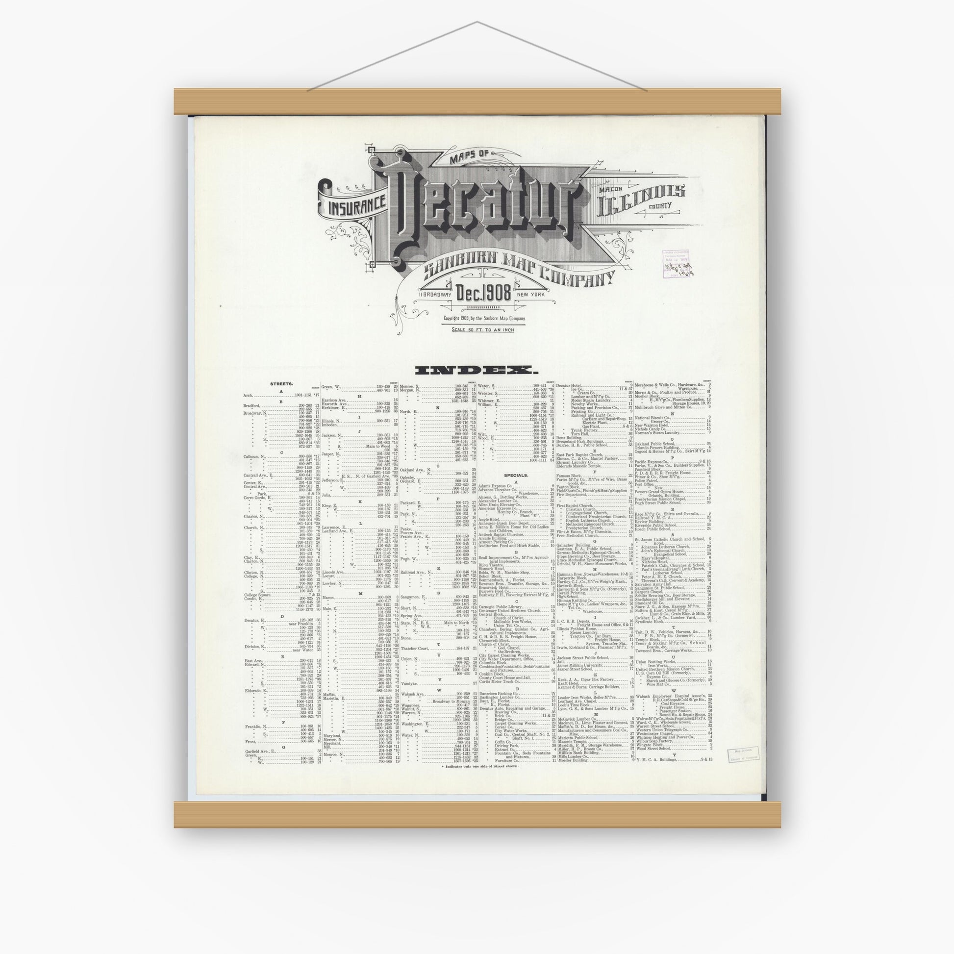 Old map wall art mockup — magnetic wood frame on white wall — Sanborn Fire Insurance Map from Decatur, Macon County, Illinois (1908), Sheet #0001