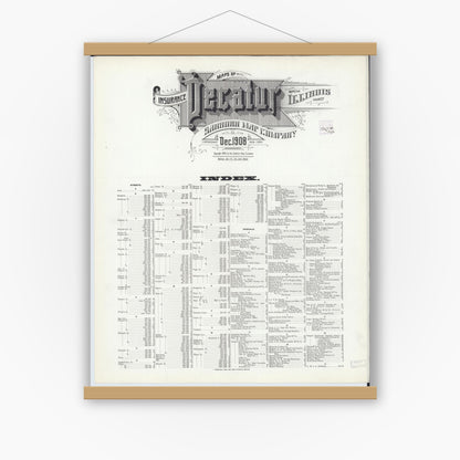 Old map wall art mockup — magnetic wood frame on white wall — Sanborn Fire Insurance Map from Decatur, Macon County, Illinois (1908), Sheet #0001