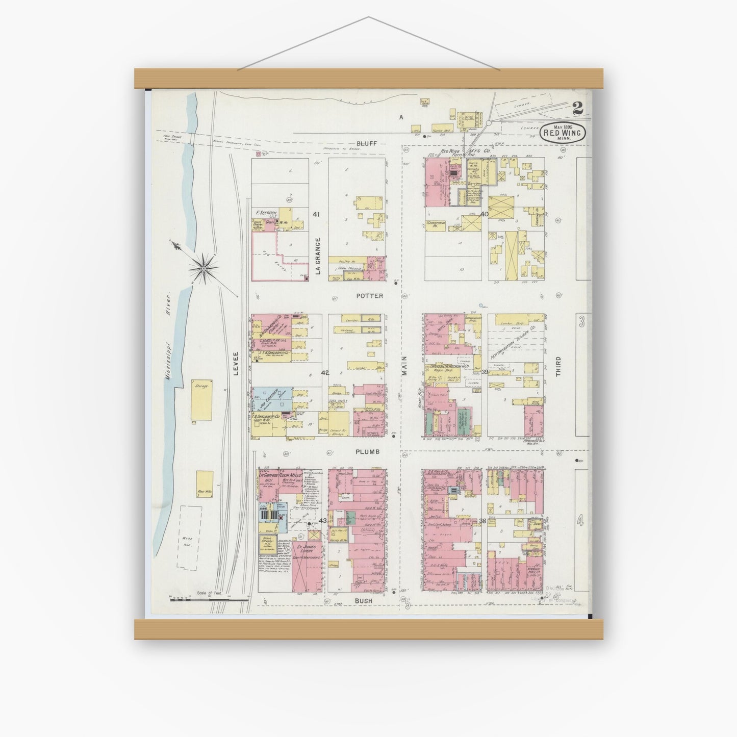 Old map wall art mockup — magnetic wood frame on white wall — Sanborn Fire Insurance Map from Red Wing, Goodhue County, Minnesota (1895), Sheet #0002