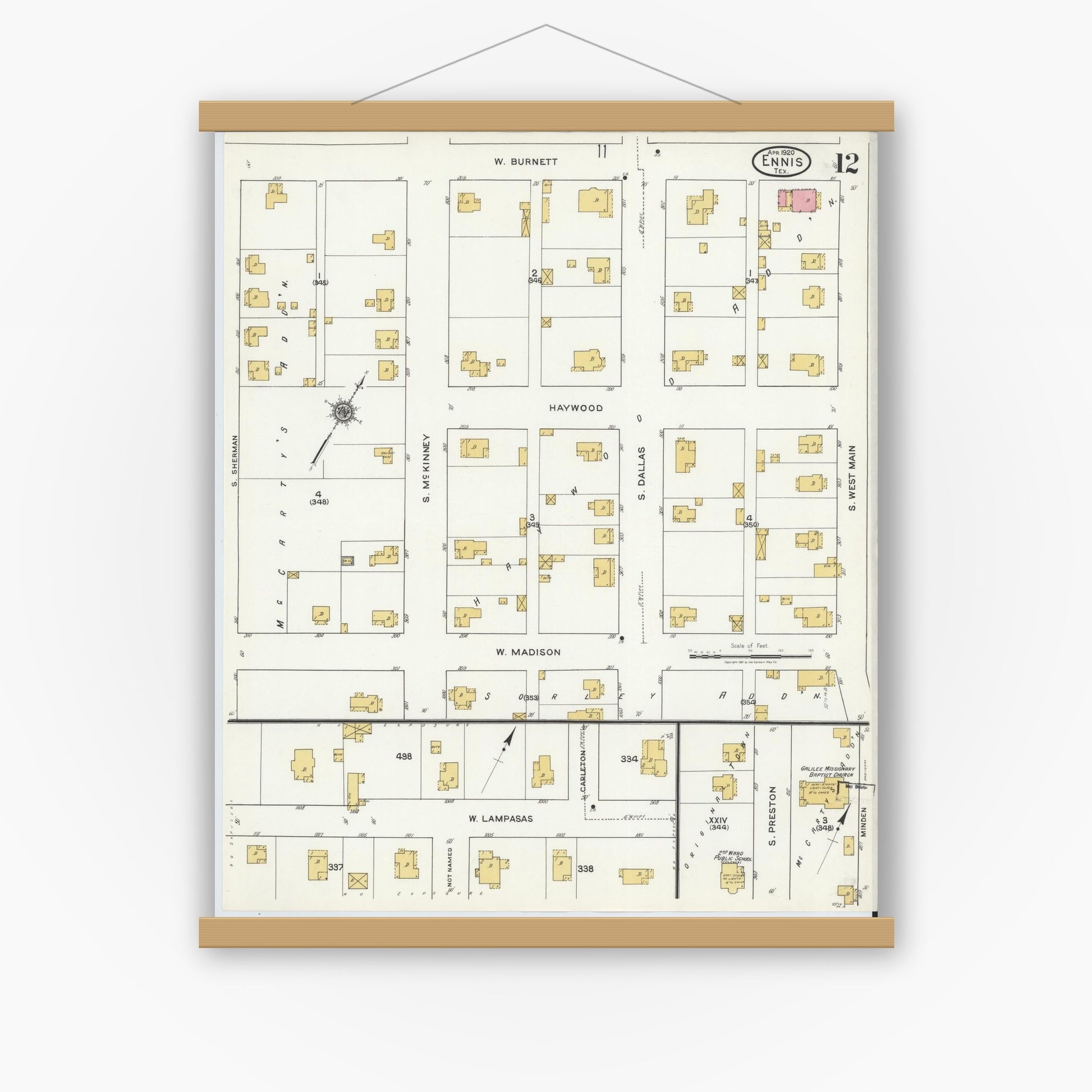 Old map wall art mockup — magnetic wood frame on white wall — Sanborn Fire Insurance Map from Ennis, Ellis County, Texas (1920), Sheet #0012