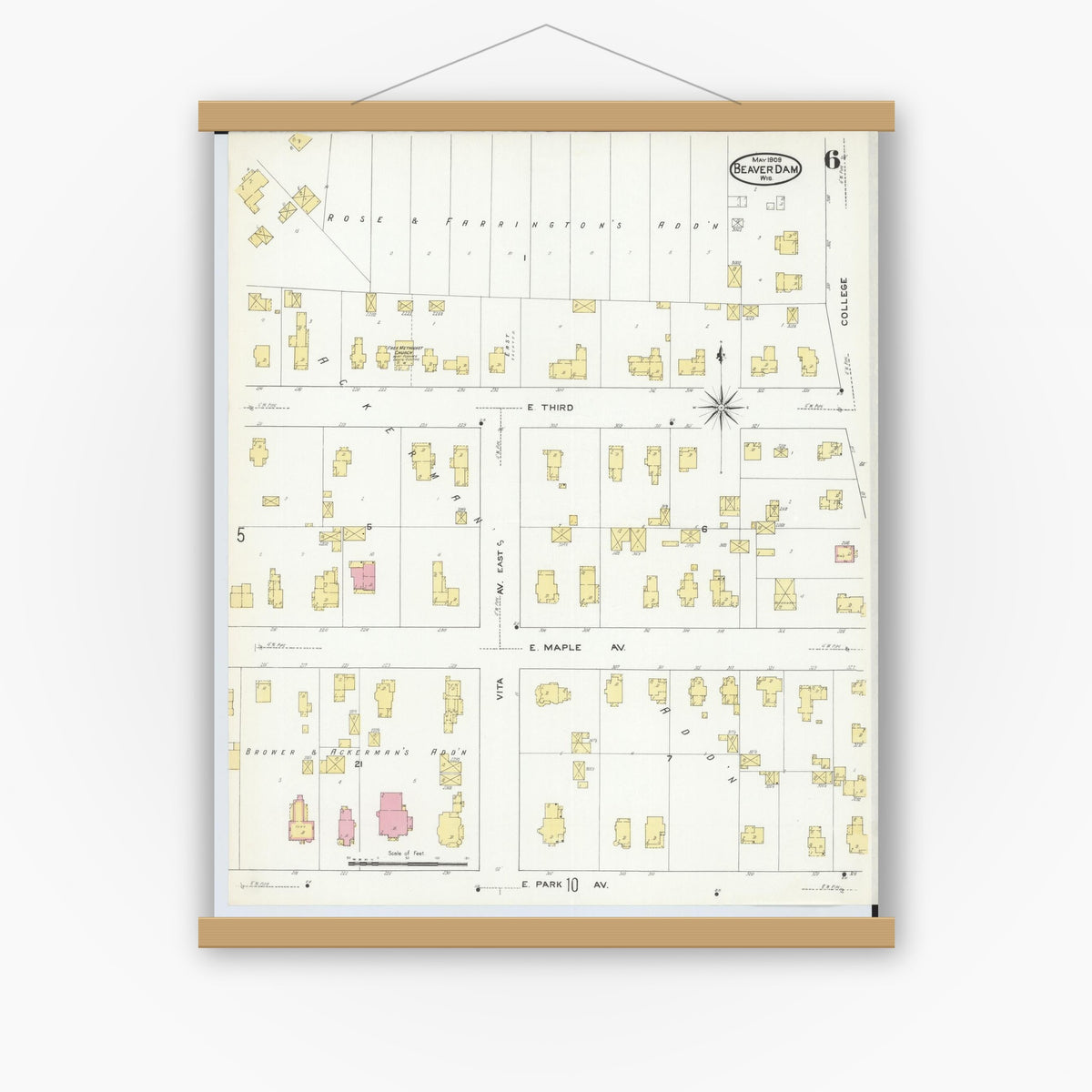 Old map wall art mockup — magnetic wood frame on white wall — Sanborn Fire Insurance Map from Beaver Dam, Dodge County, Wisconsin (1909), Sheet #0006
