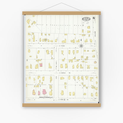 Old map wall art mockup — magnetic wood frame on white wall — Sanborn Fire Insurance Map from Beaver Dam, Dodge County, Wisconsin (1909), Sheet #0006