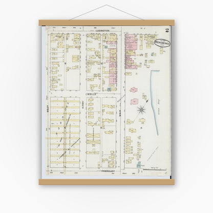 Old map wall art mockup — magnetic wood frame on white wall — Sanborn Fire Insurance Map from Menominee, Menominee County, Michigan (1887), Sheet #0002