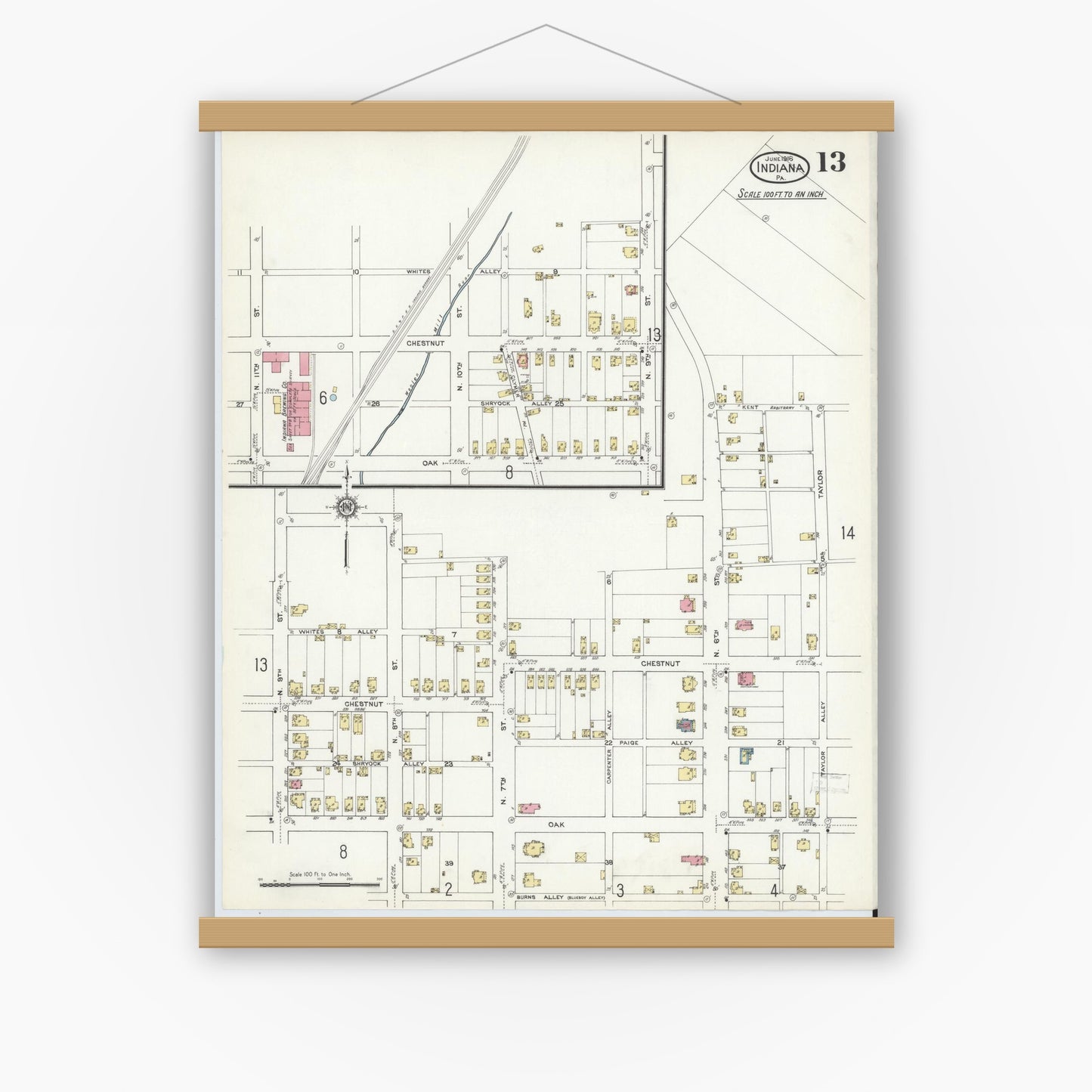 Old map wall art mockup — magnetic wood frame on white wall — Sanborn Fire Insurance Map from Indiana, Indiana County, Pennsylvania (1916), Sheet #0013