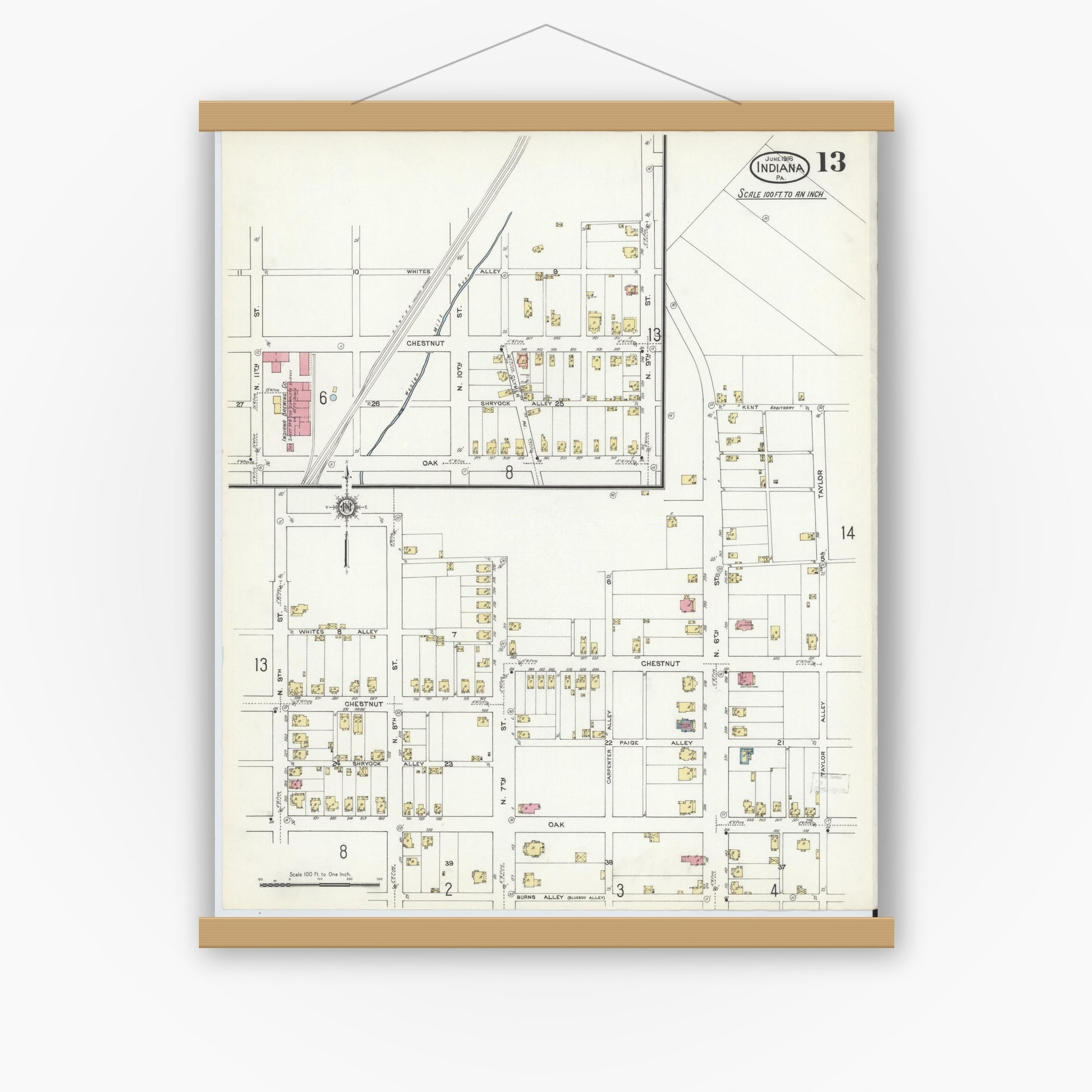 Old map wall art mockup — magnetic wood frame on white wall — Sanborn Fire Insurance Map from Indiana, Indiana County, Pennsylvania (1916), Sheet #0013