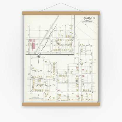 Old map wall art mockup — magnetic wood frame on white wall — Sanborn Fire Insurance Map from Indiana, Indiana County, Pennsylvania (1916), Sheet #0013