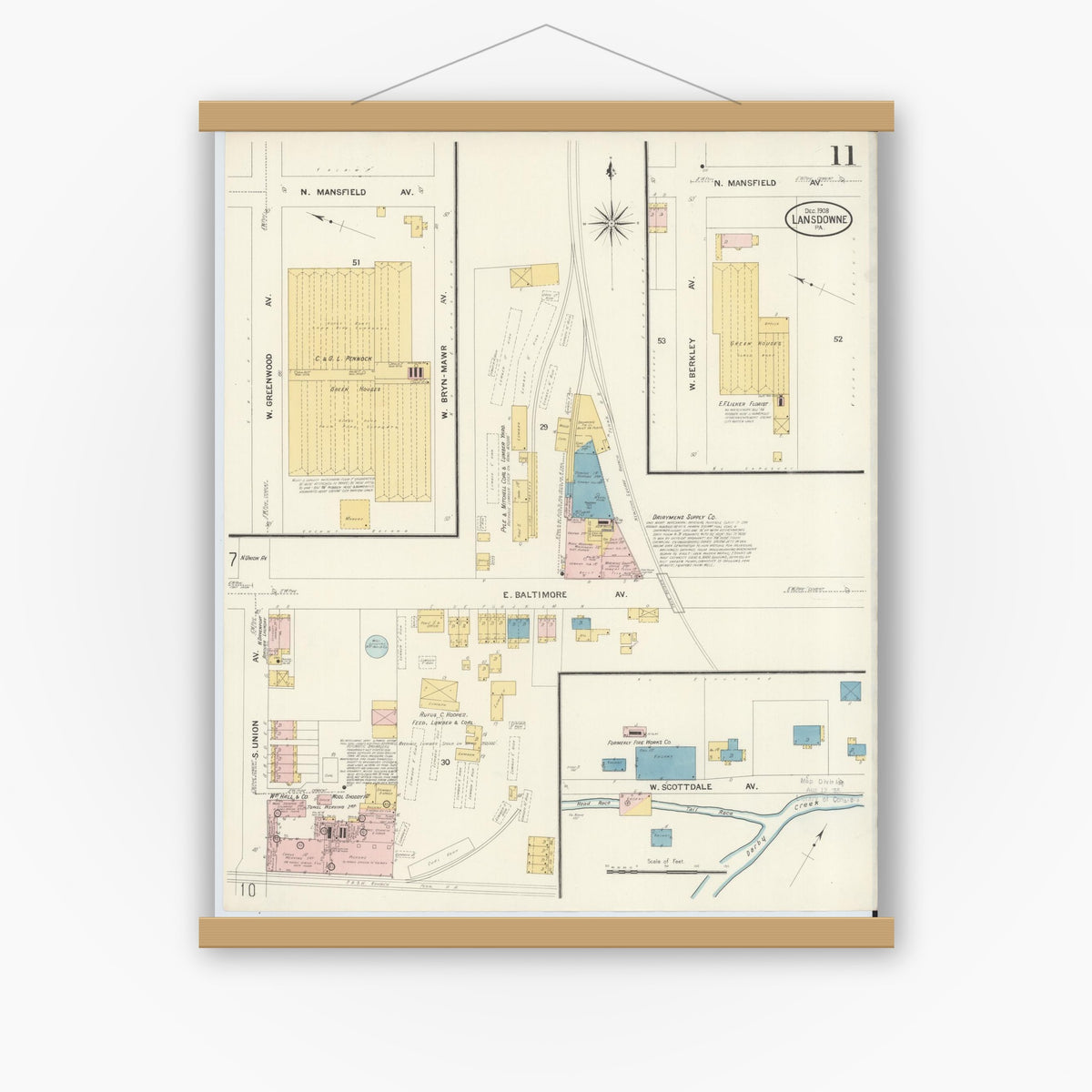 Old map wall art mockup — magnetic wood frame on white wall — Sanborn Fire Insurance Map from Lansdowne, Delaware County, Pennsylvania (1908), Sheet #0011