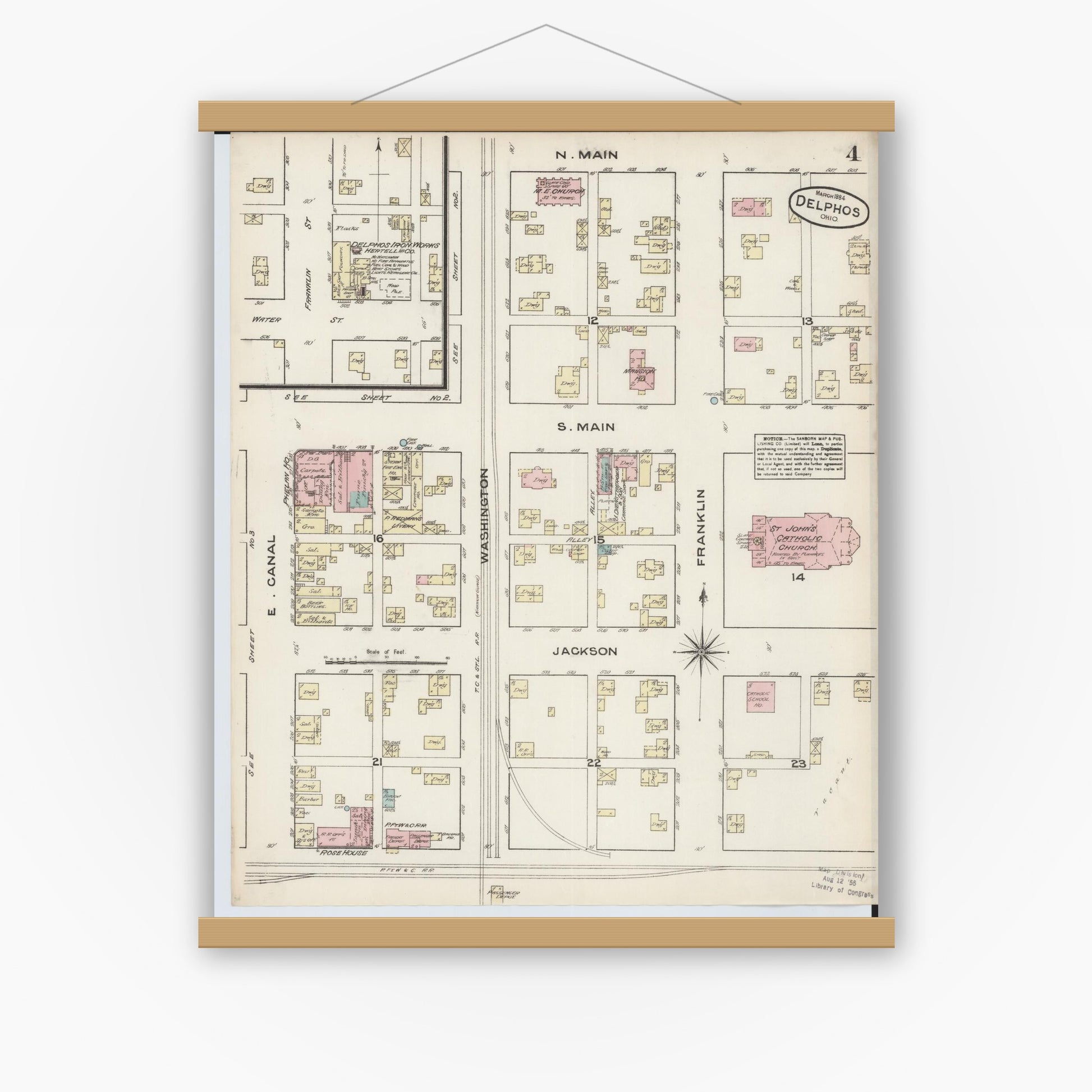 Old map wall art mockup — magnetic wood frame on white wall — Sanborn Fire Insurance Map from Delphos, Van Wert And Allen Counties, Ohio (1884), Sheet #0004