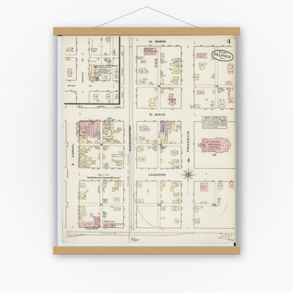Old map wall art mockup — magnetic wood frame on white wall — Sanborn Fire Insurance Map from Delphos, Van Wert And Allen Counties, Ohio (1884), Sheet #0004