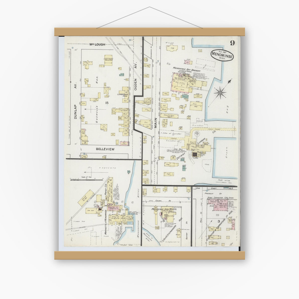 Old map wall art mockup — magnetic wood frame on white wall — Sanborn Fire Insurance Map from Menominee, Menominee County, Michigan (1887), Sheet #0009