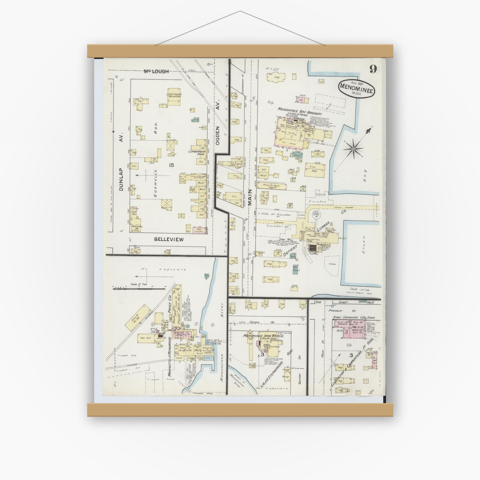 Old map wall art mockup — magnetic wood frame on white wall — Sanborn Fire Insurance Map from Menominee, Menominee County, Michigan (1887), Sheet #0009