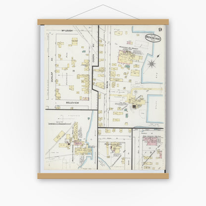 Old map wall art mockup — magnetic wood frame on white wall — Sanborn Fire Insurance Map from Menominee, Menominee County, Michigan (1887), Sheet #0009