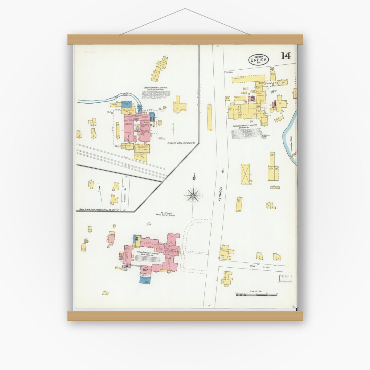Old map wall art mockup — magnetic wood frame on white wall — Sanborn Fire Insurance Map from Oneida, Madison County, New York (1904), Sheet #0013