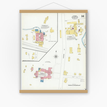 Old map wall art mockup — magnetic wood frame on white wall — Sanborn Fire Insurance Map from Oneida, Madison County, New York (1904), Sheet #0013
