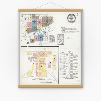 Old map wall art mockup — magnetic wood frame on white wall — Sanborn Fire Insurance Map from Momence, Kankakee County, Illinois (1924), Sheet #0001