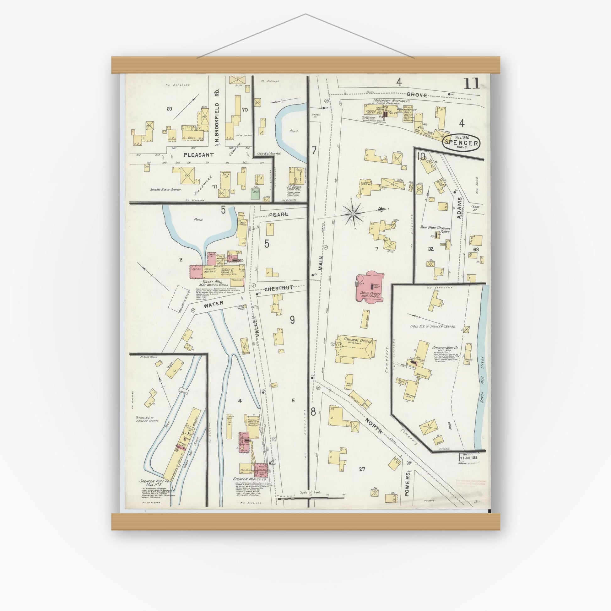 Old map wall art mockup — magnetic wood frame on white wall — Sanborn Fire Insurance Map from Spencer, Worcester County, Massachusetts (1896), Sheet #0011