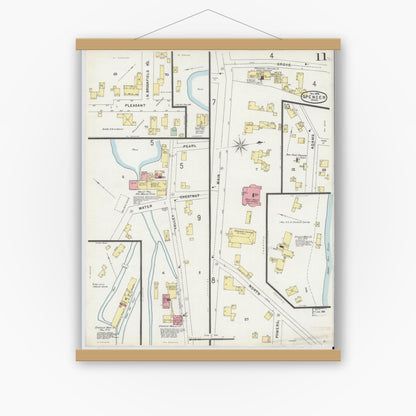 Old map wall art mockup — magnetic wood frame on white wall — Sanborn Fire Insurance Map from Spencer, Worcester County, Massachusetts (1896), Sheet #0011