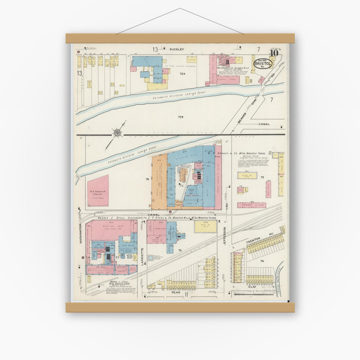Old map wall art mockup — magnetic wood frame on white wall — Sanborn Fire Insurance Map from Bristol, Bucks County, Pennsylvania (1915), Sheet #0010