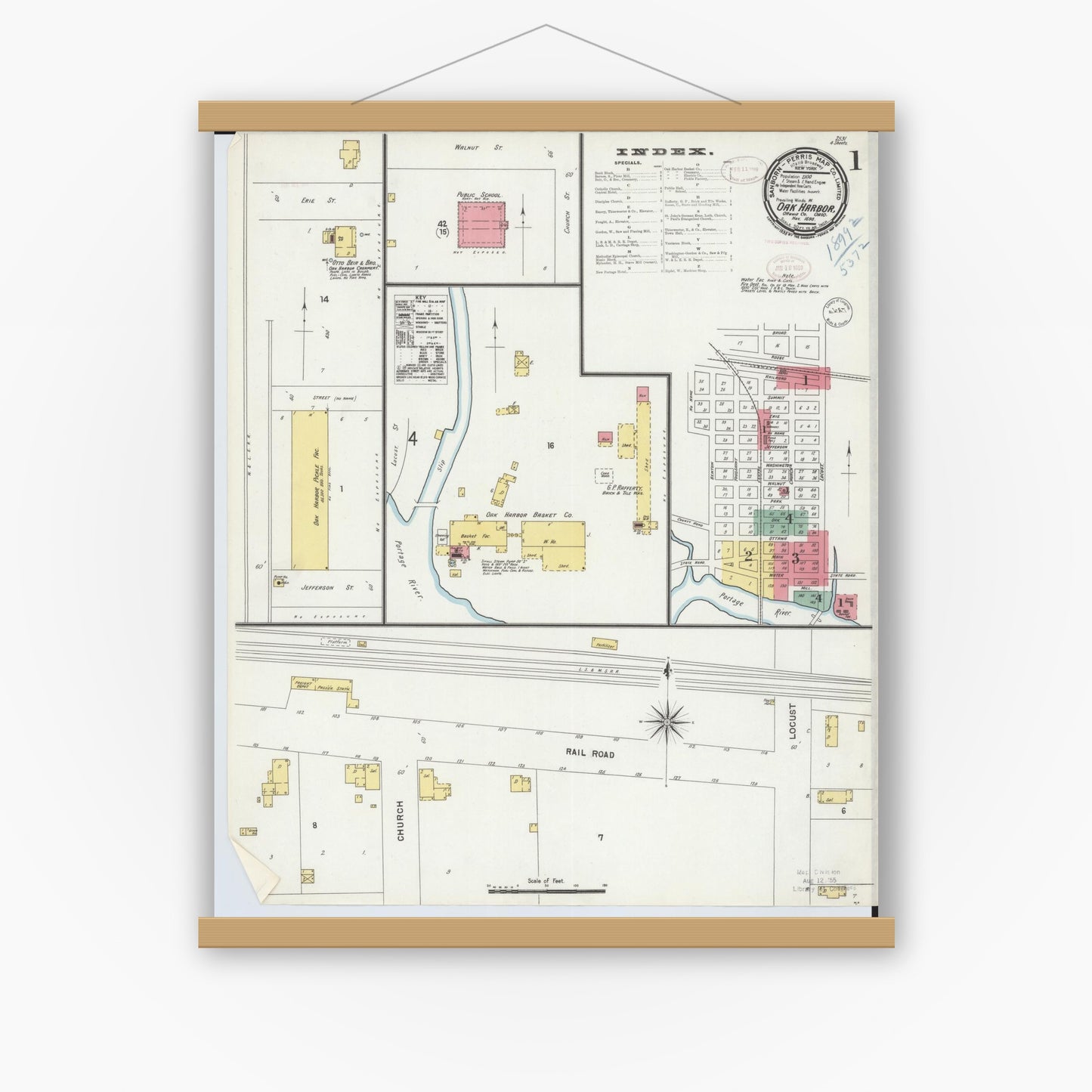 Old map wall art mockup — magnetic wood frame on white wall — Sanborn Fire Insurance Map from Oak Harbor, Ottawa County, Ohio (1898), Sheet #0001