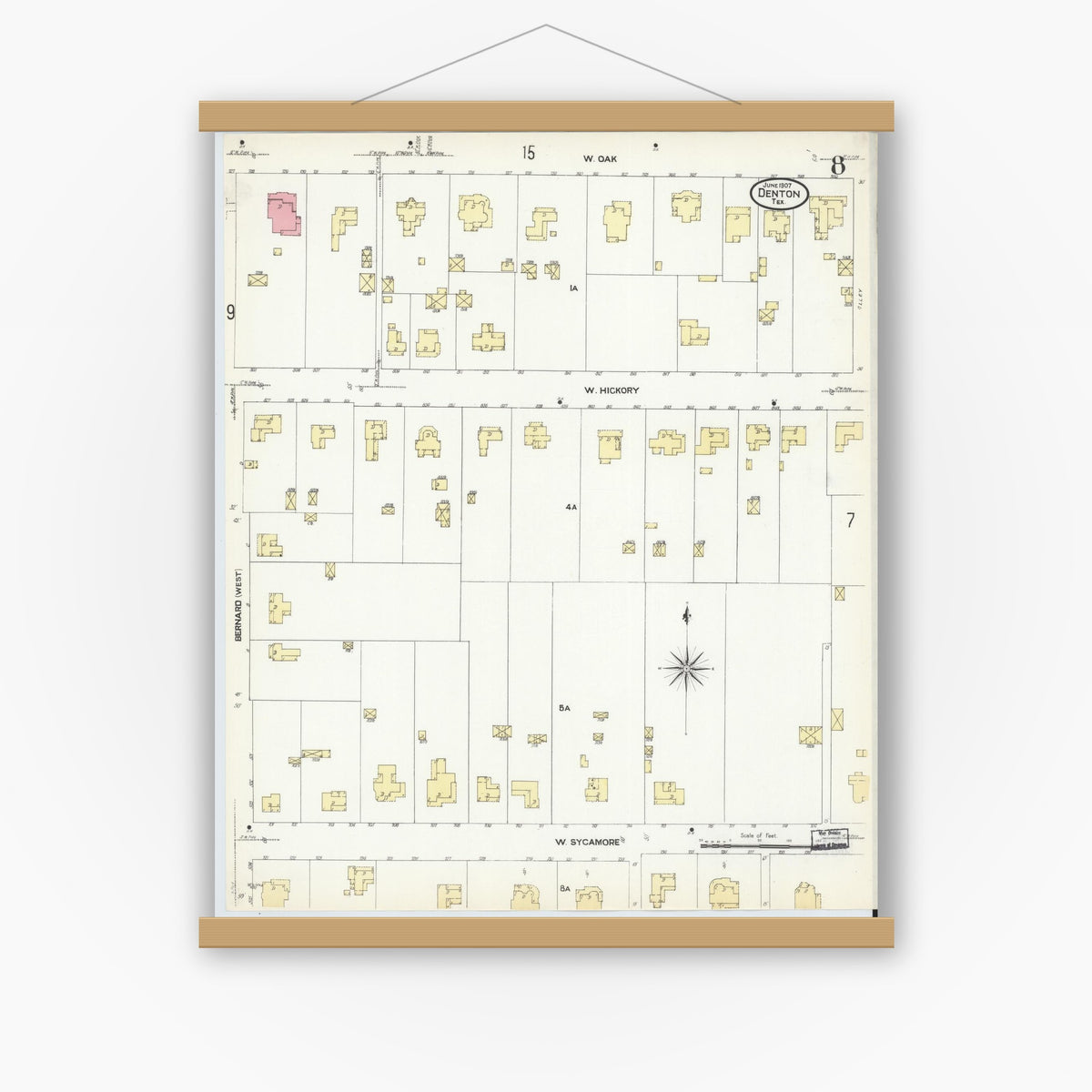 Old map wall art mockup — magnetic wood frame on white wall — Sanborn Fire Insurance Map from Denton, Denton County, Texas (1907), Sheet #0008