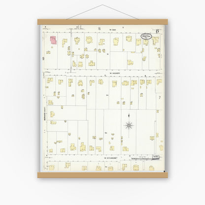 Old map wall art mockup — magnetic wood frame on white wall — Sanborn Fire Insurance Map from Denton, Denton County, Texas (1907), Sheet #0008