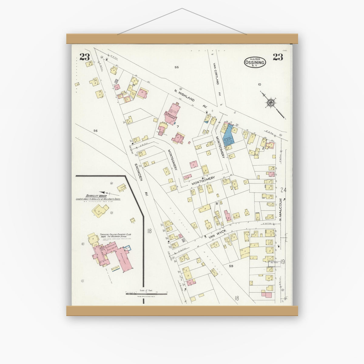 Old map wall art mockup — magnetic wood frame on white wall — Sanborn Fire Insurance Map from Ossining, Westchester County, New York (1924), Sheet #0023