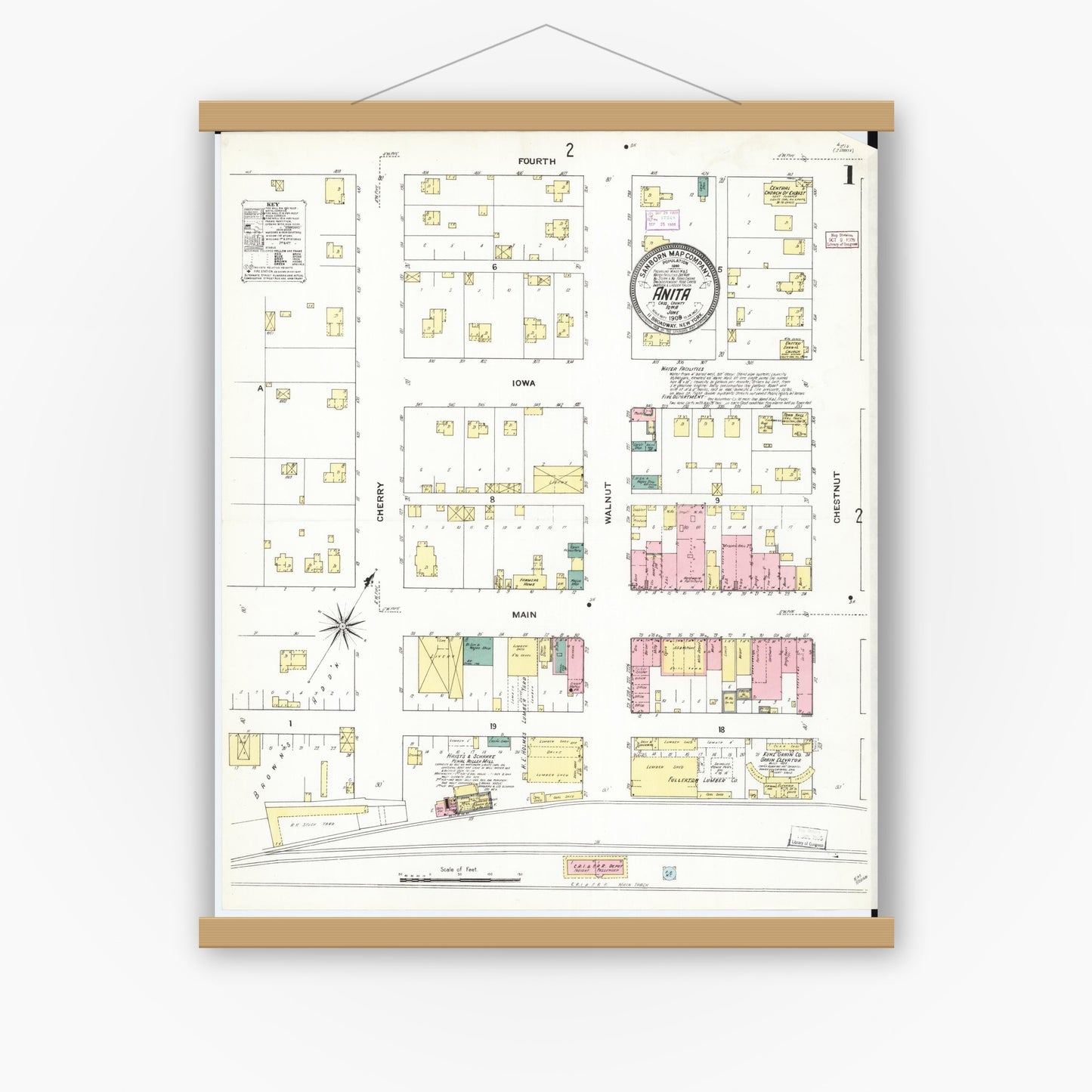 Old map wall art mockup — magnetic wood frame on white wall — Sanborn Fire Insurance Map from Anita, Cass County, Iowa (1909), Sheet #0001
