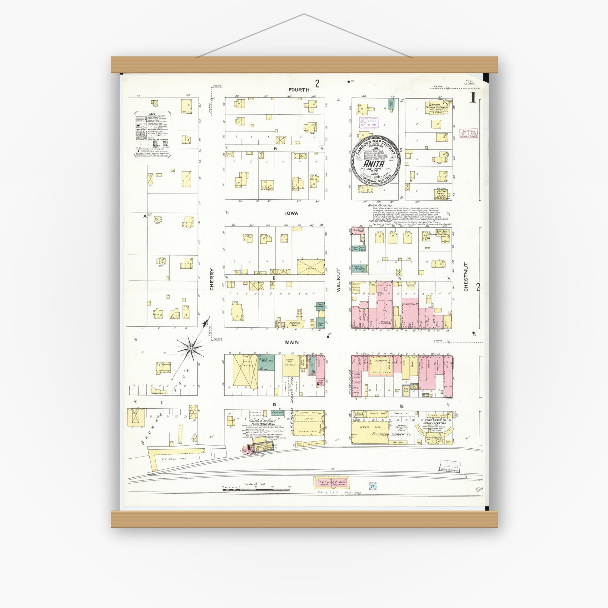 Old map wall art mockup — magnetic wood frame on white wall — Sanborn Fire Insurance Map from Anita, Cass County, Iowa (1909), Sheet #0001