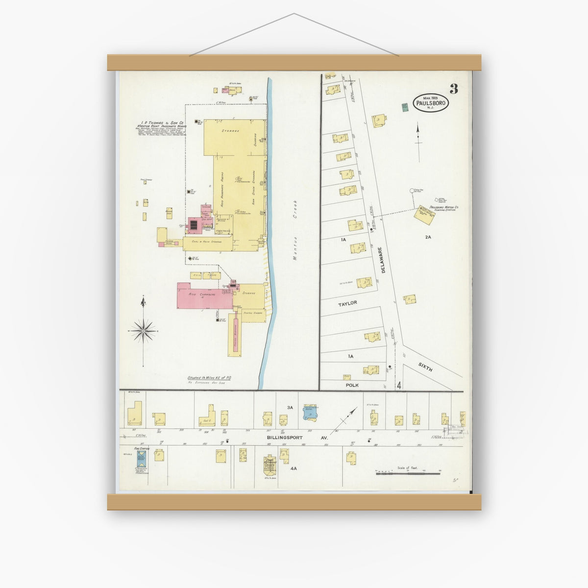 Old map wall art mockup — magnetic wood frame on white wall — Sanborn Fire Insurance Map from Paulsboro, Gloucester County, New Jersey (1909), Sheet #0003