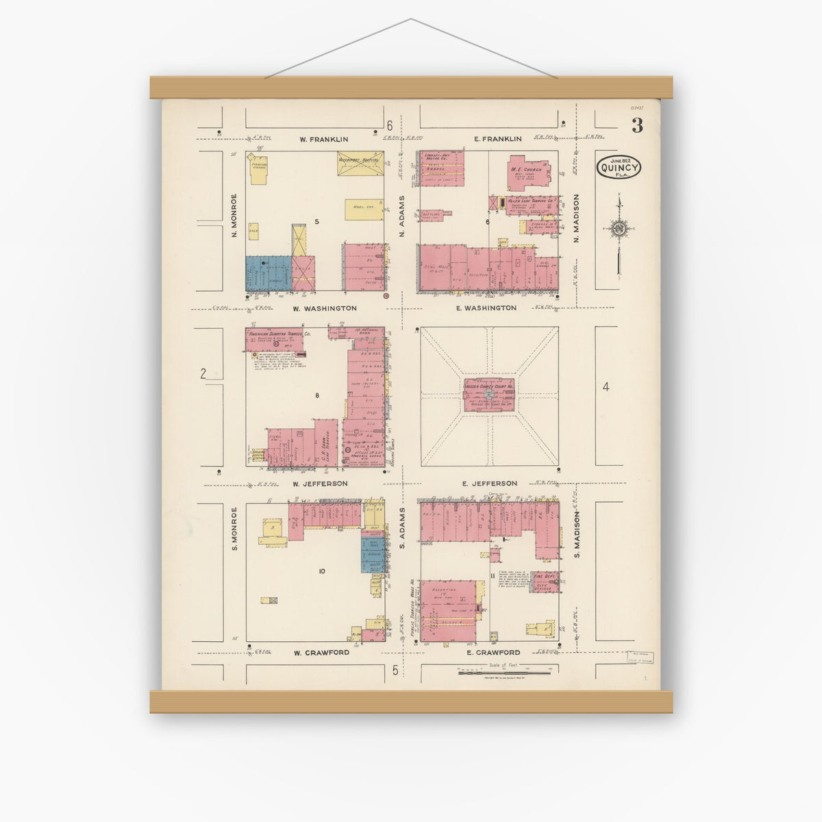 Old map wall art mockup — magnetic wood frame on white wall — Sanborn Fire Insurance Map from Quincy, Gadsden County, Florida (1922), Sheet #0003