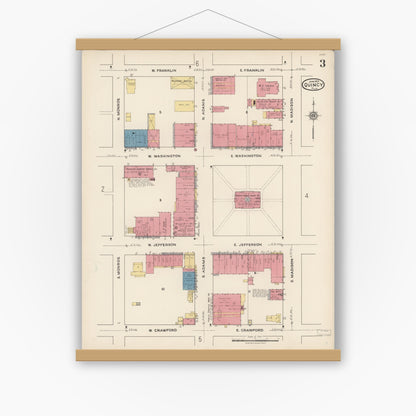 Old map wall art mockup — magnetic wood frame on white wall — Sanborn Fire Insurance Map from Quincy, Gadsden County, Florida (1922), Sheet #0003