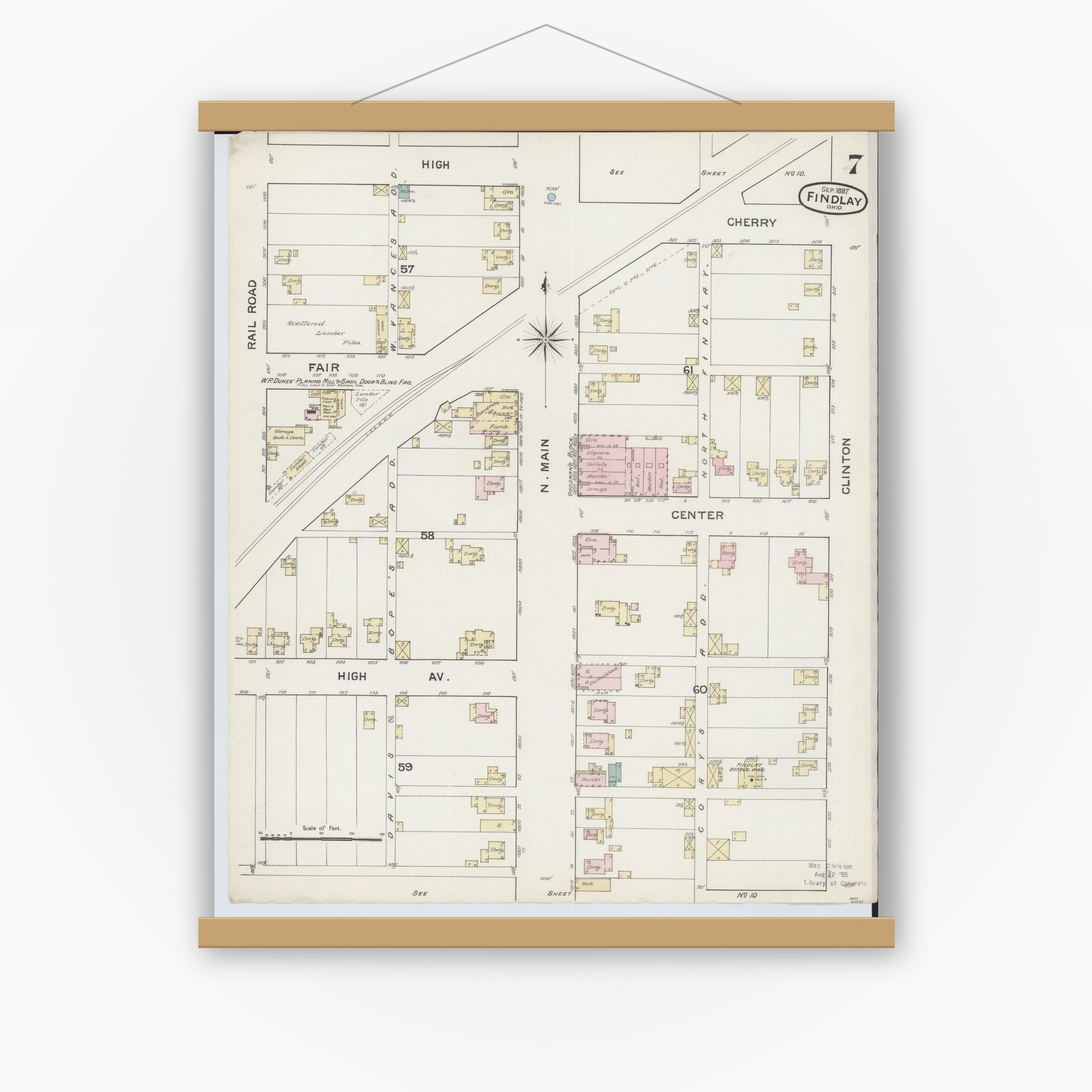 Old map wall art mockup — magnetic wood frame on white wall — Sanborn Fire Insurance Map from Findlay, Hancock County, Ohio (1887), Sheet #0007