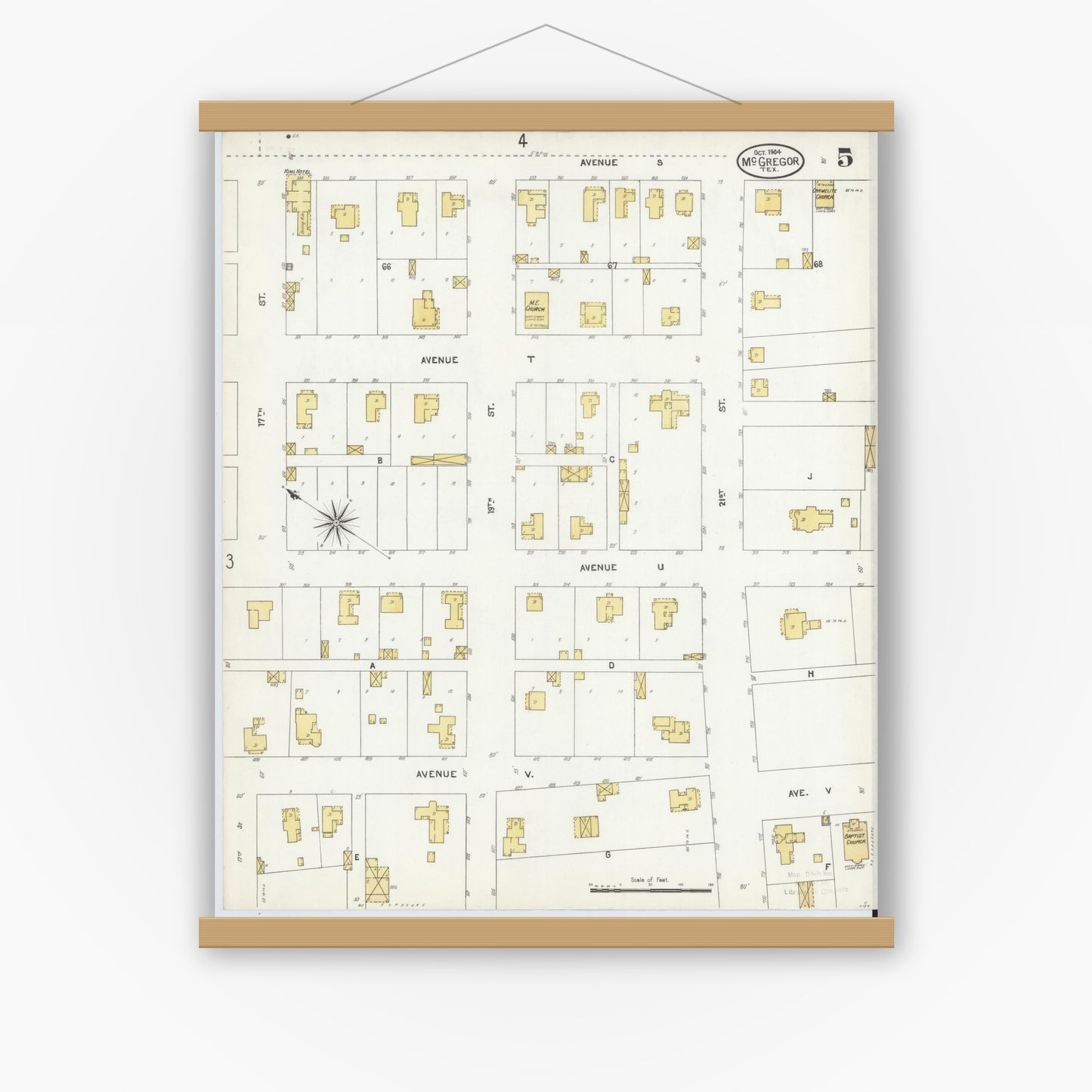 Old map wall art mockup — magnetic wood frame on white wall — Sanborn Fire Insurance Map from McGregor, McLennan County, Texas (1904), Sheet #0005