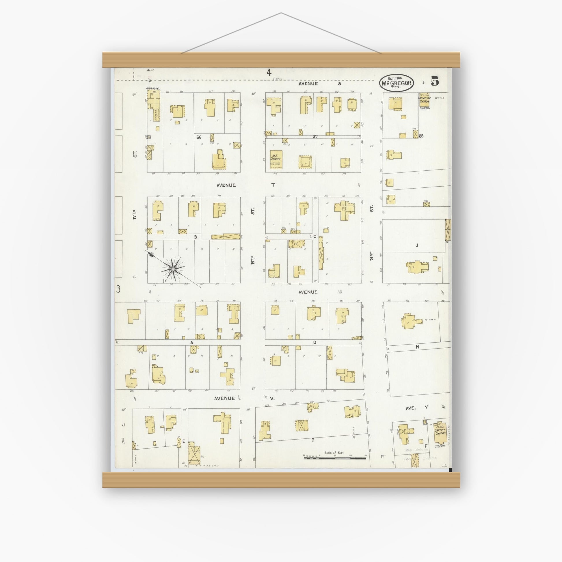 Old map wall art mockup — magnetic wood frame on white wall — Sanborn Fire Insurance Map from McGregor, McLennan County, Texas (1904), Sheet #0005