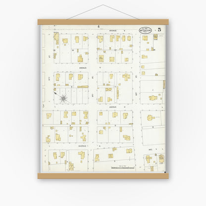 Old map wall art mockup — magnetic wood frame on white wall — Sanborn Fire Insurance Map from McGregor, McLennan County, Texas (1904), Sheet #0005