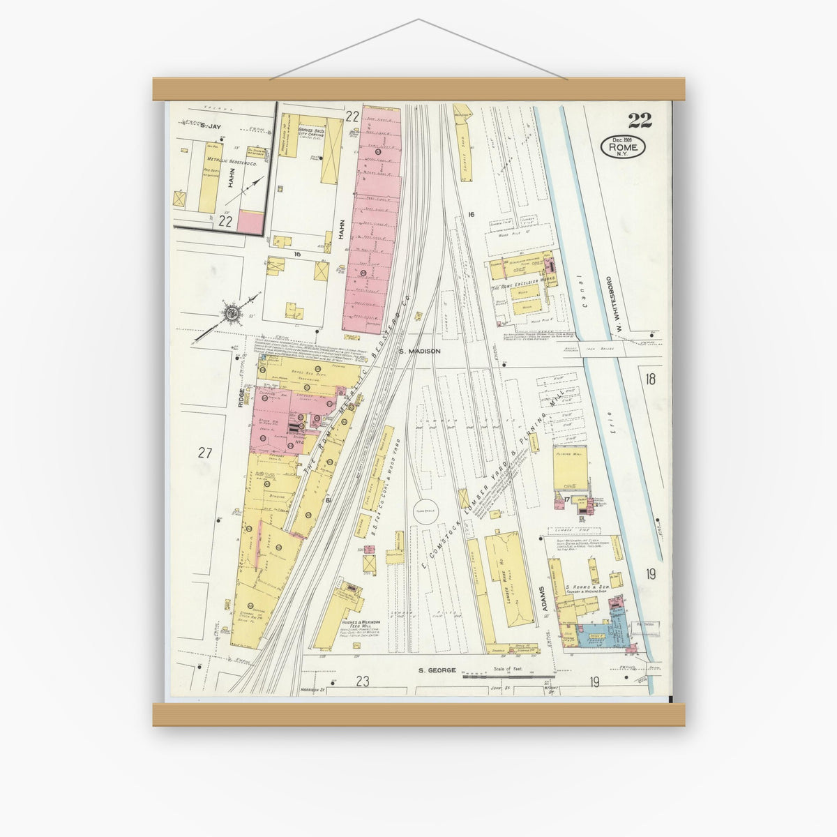 Old map wall art mockup — magnetic wood frame on white wall — Sanborn Fire Insurance Map from Rome, Oneida County, New York (1909), Sheet #0022