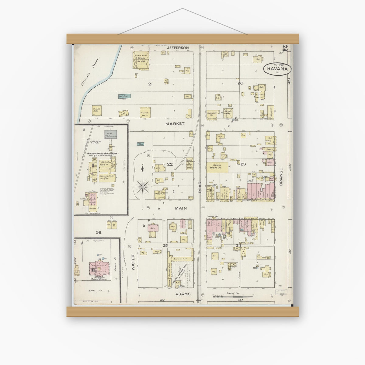 Old map wall art mockup — magnetic wood frame on white wall — Sanborn Fire Insurance Map from Havana, Mason County, Illinois (1887), Sheet #0002