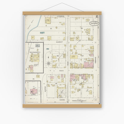 Old map wall art mockup — magnetic wood frame on white wall — Sanborn Fire Insurance Map from Havana, Mason County, Illinois (1887), Sheet #0002