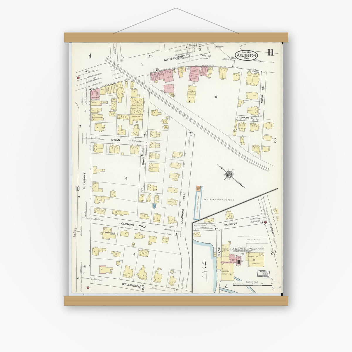 Old map wall art mockup — magnetic wood frame on white wall — Sanborn Fire Insurance Map from Arlington, Middlesex County, Massachusetts (1914), Sheet #0011