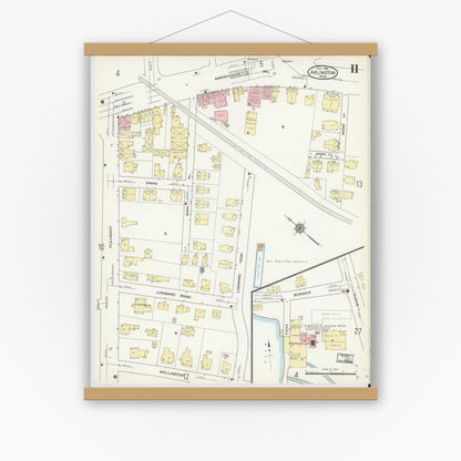 Old map wall art mockup — magnetic wood frame on white wall — Sanborn Fire Insurance Map from Arlington, Middlesex County, Massachusetts (1914), Sheet #0011