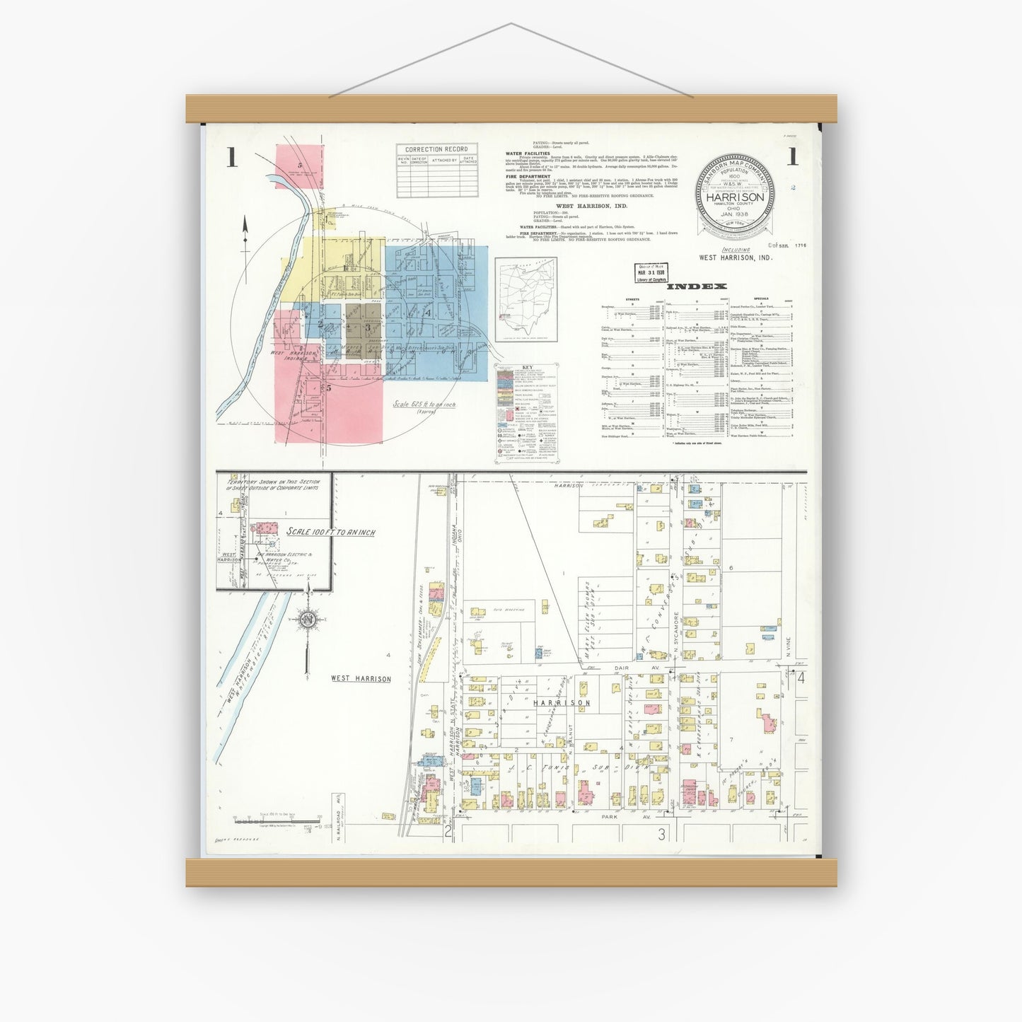 Old map wall art mockup — magnetic wood frame on white wall — Sanborn Fire Insurance Map from Harrison, Hamilton County, Ohio (1938) - Complete Map Set
