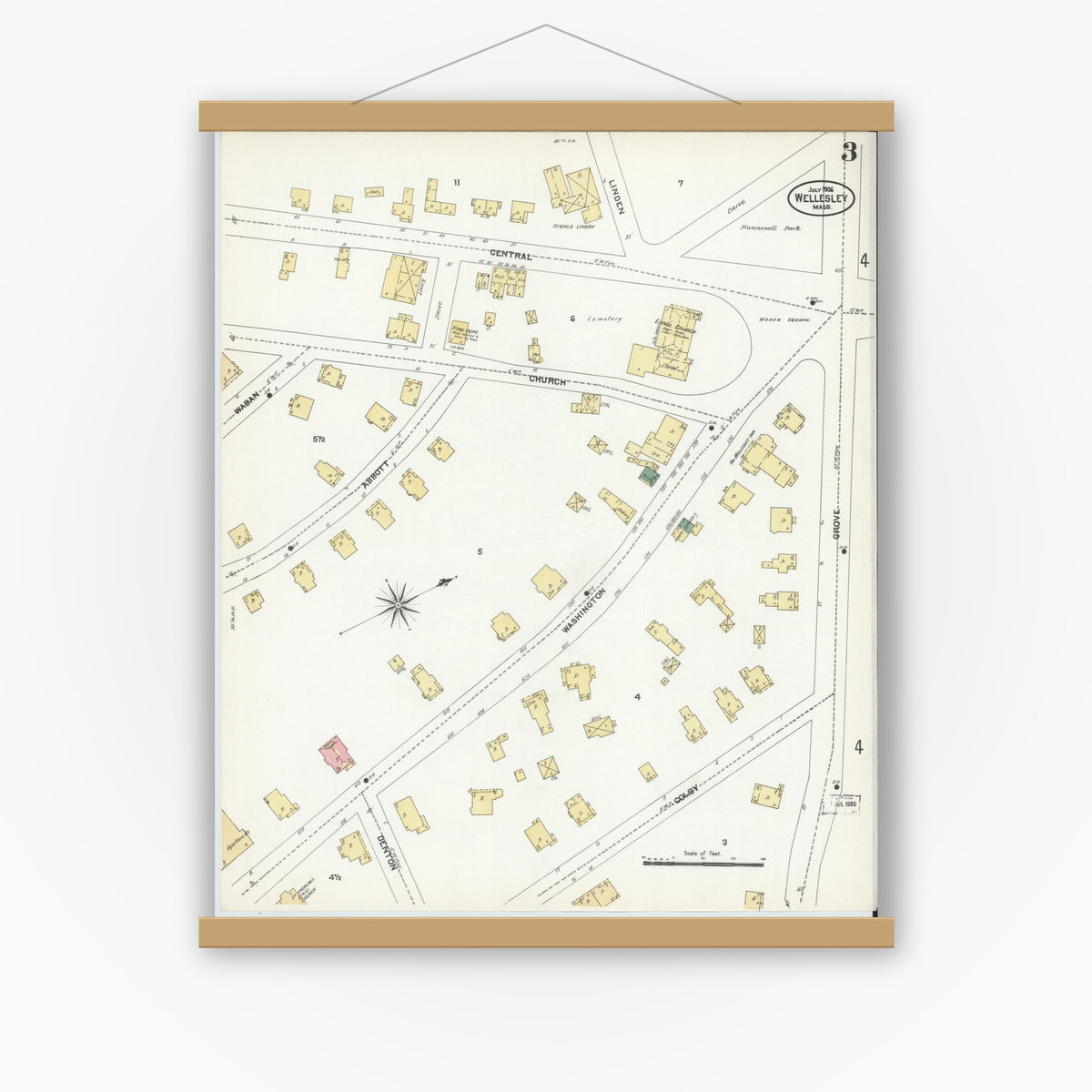 Old map wall art mockup — magnetic wood frame on white wall — Sanborn Fire Insurance Map from Wellesley, Norfolk County, Massachusetts (1906), Sheet #0003