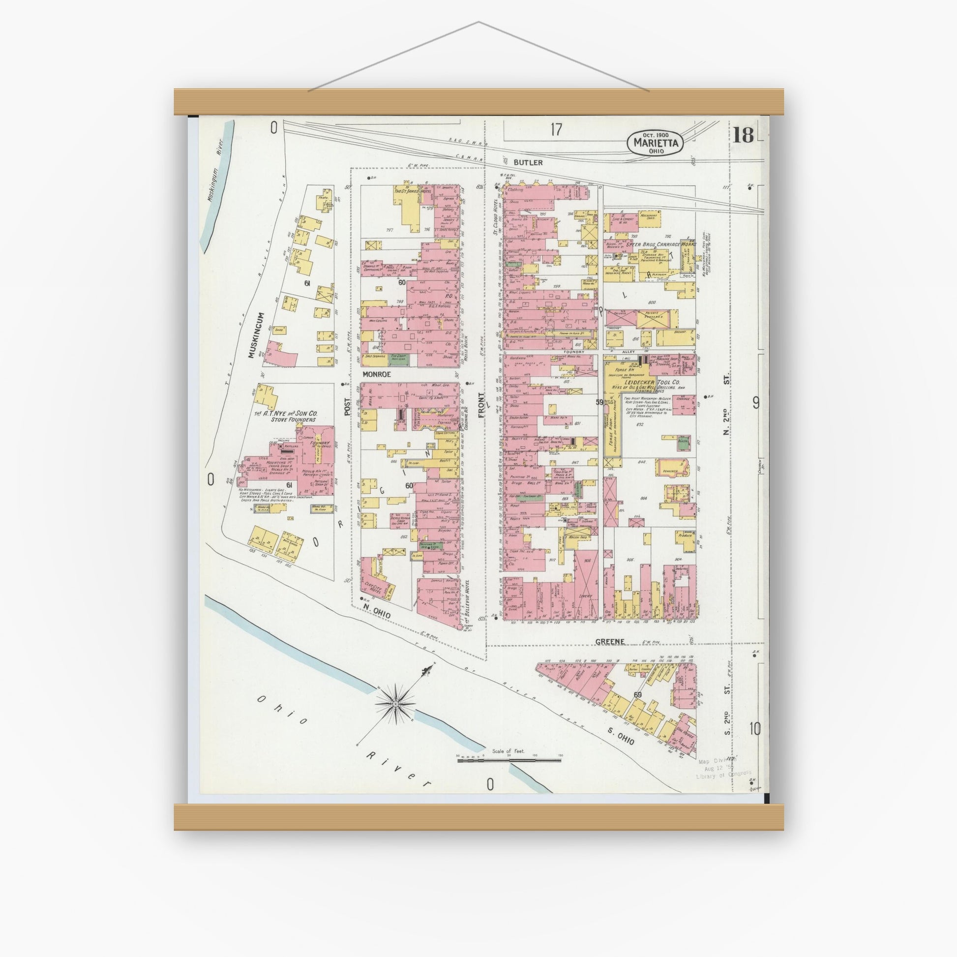 Old map wall art mockup — magnetic wood frame on white wall — Sanborn Fire Insurance Map from Marietta, Washington County, Ohio (1900), Sheet #0018
