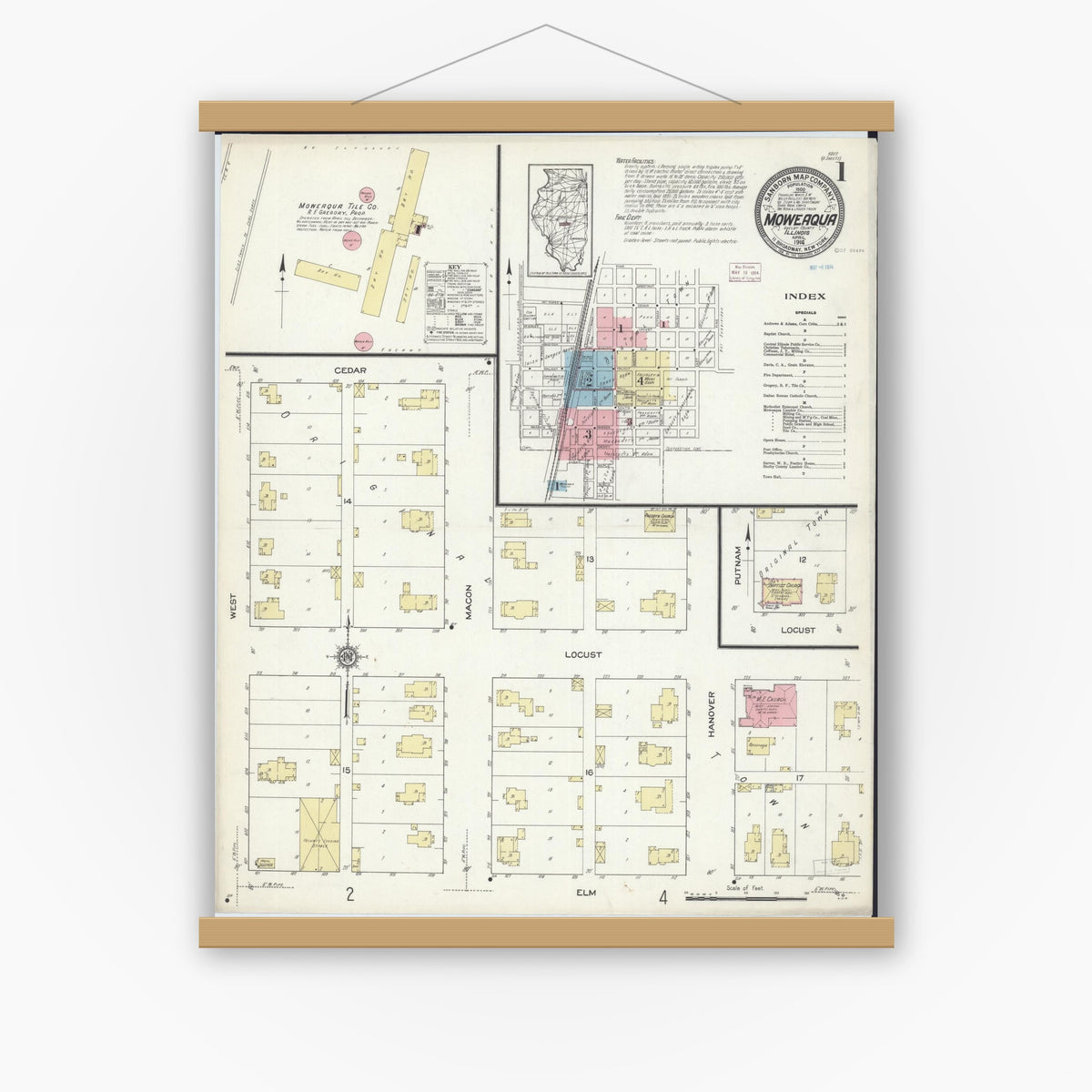 Old map wall art mockup — magnetic wood frame on white wall — Sanborn Fire Insurance Map from Moweaqua, Shelby County, Illinois (1914) - Complete Map Set